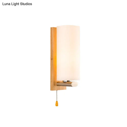 White Glass Wall Sconce - Cylindrical Bedside Light with Pull Chain