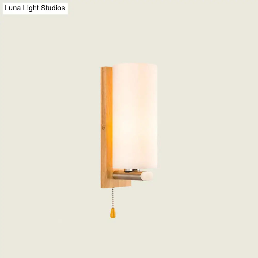 White Glass Wall Sconce - Cylindrical Bedside Light with Pull Chain
