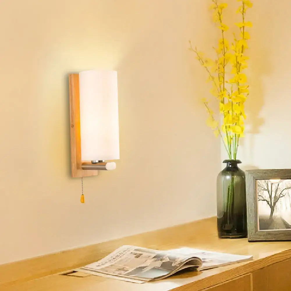 White Glass Wall Sconce - Cylindrical Bedside Light with Pull Chain