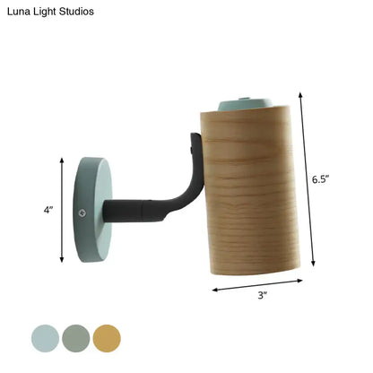 Wooden Wall Mounted Macaron Sconce Light Fixture - 1 Head Tube Lamp in Yellow/Green/Blue for Bathroom