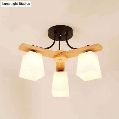 Black Milk Glass Light ceiling fixture with natural wood arms and three white milk-glass shades on Tampa Home & Garden Store