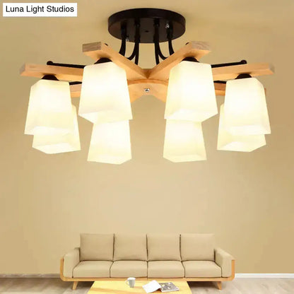 Black Milk Glass Light ceiling chandelier with six white shades and wooden arms by Decorbites on Tampa Home & Garden Store