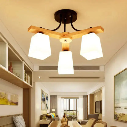 Decorbites Black Milk Glass Light ceiling fixture with wood crossbar and three shades on Tampa Home & Garden Store