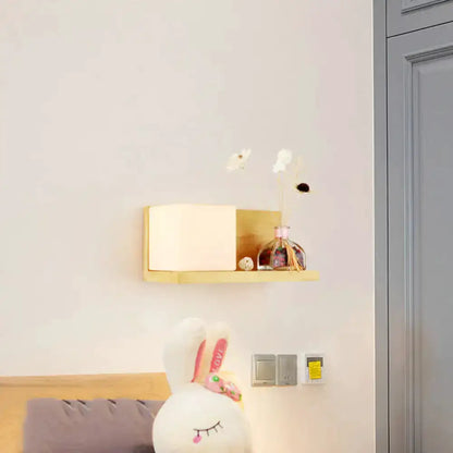 Modern Wood Floating Shelf with Beige Wall Lamp