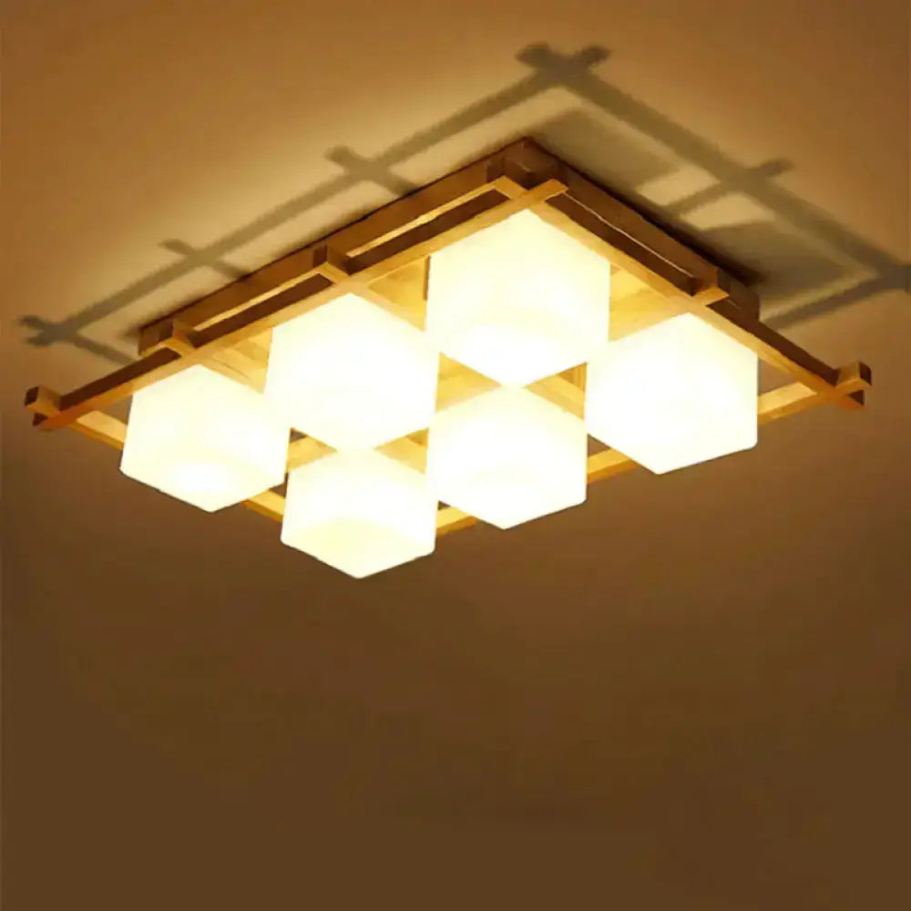 Wood Grid Ceiling Light with frosted cube shades, warm glow Decorbites flush mount on Tampa Home & Garden Store