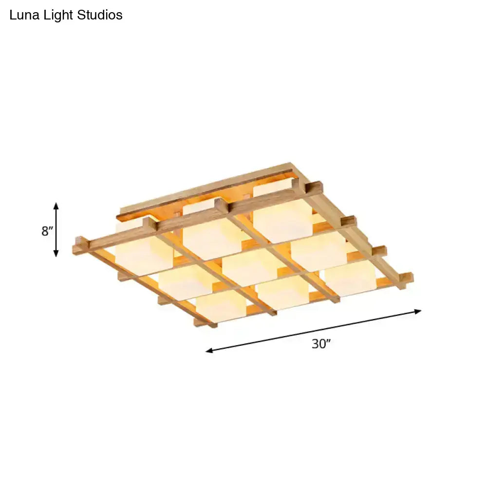 Wood grid ceiling light flush mount with frosted glass squares 30in wide Decorbites on Tampa Home & Garden Store
