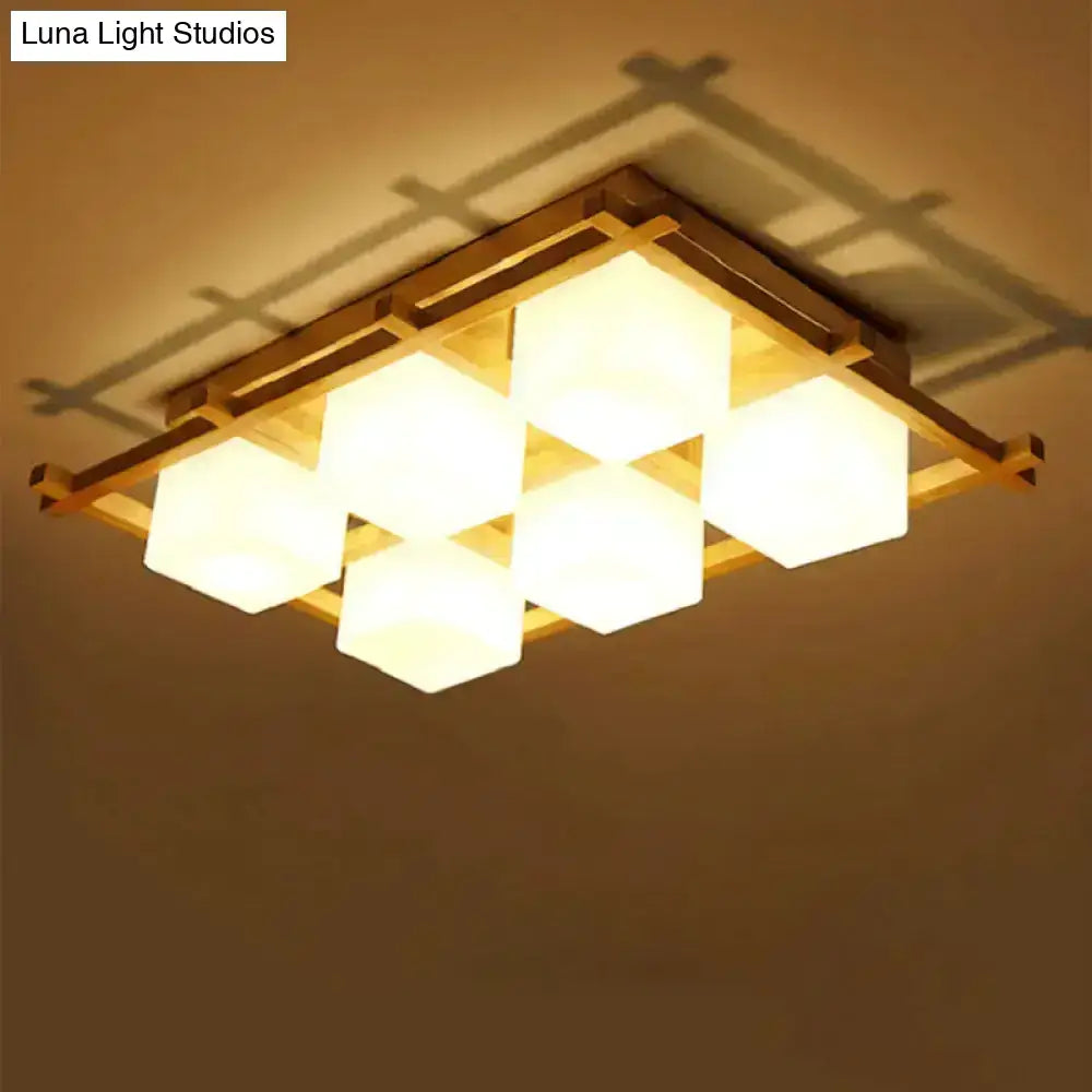 Wood Grid Ceiling Light with wood frame and five frosted glass cube shades warm glow Decorbites on Tampa Home & Garden Store
