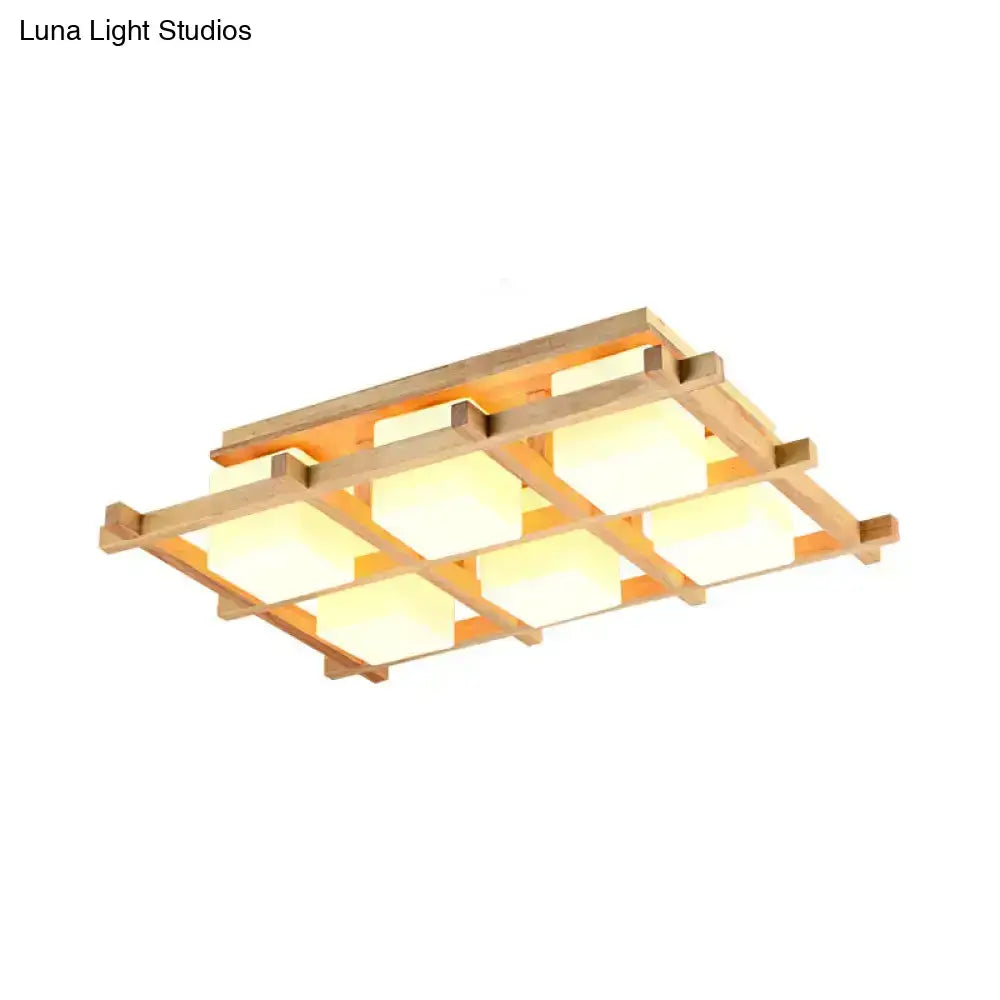 Wood Grid Ceiling Light Decorbites, flush mount with frosted cube shades in a lattice frame on Tampa Home & Garden Store