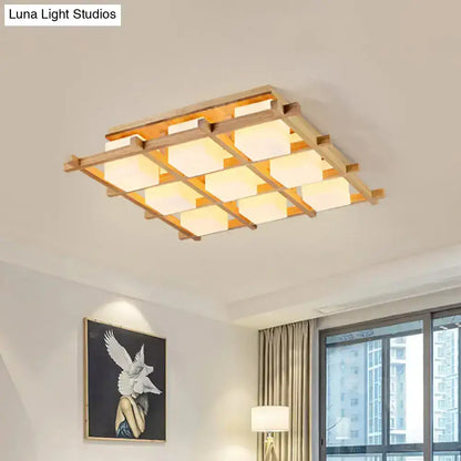 Decorbites Wood Grid Ceiling Light flush mount with wooden grid frame and frosted glass panels on Tampa Home & Garden Store