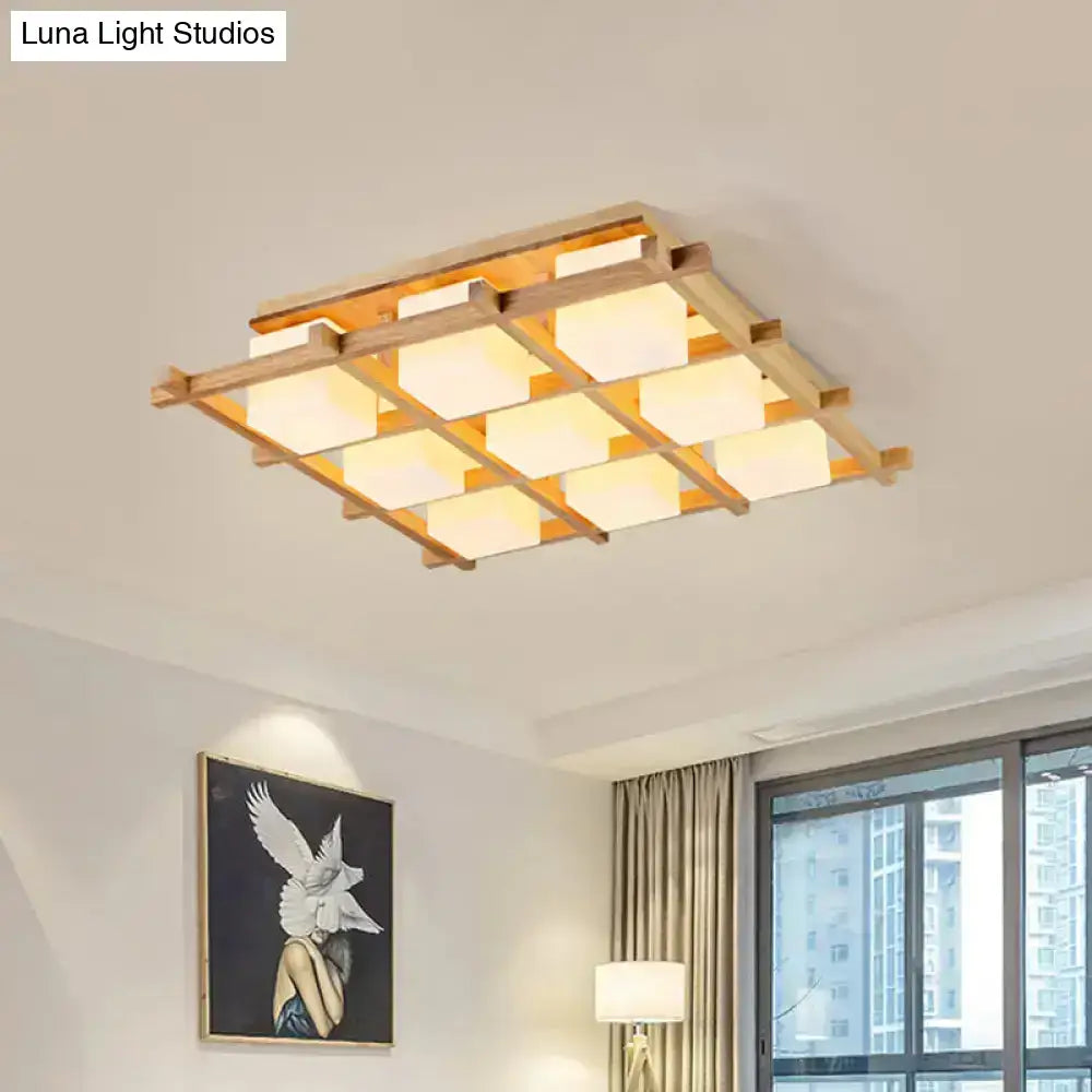 Wood grid ceiling light flush mount with wooden frame and frosted glass panels Decorbites on Tampa Home & Garden Store
