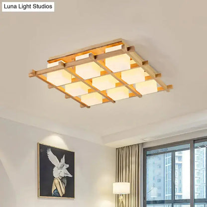 Wood grid ceiling light flush mount with wooden frame and frosted glass panels Decorbites on Tampa Home & Garden Store