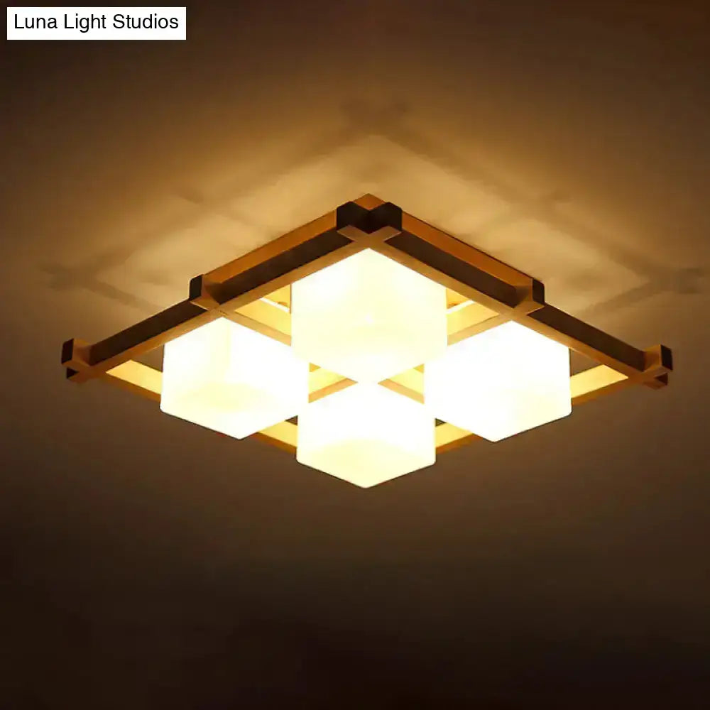 Wood grid ceiling light with wood frame and white cube shades, Decorbites flush mount on Tampa Home & Garden Store
