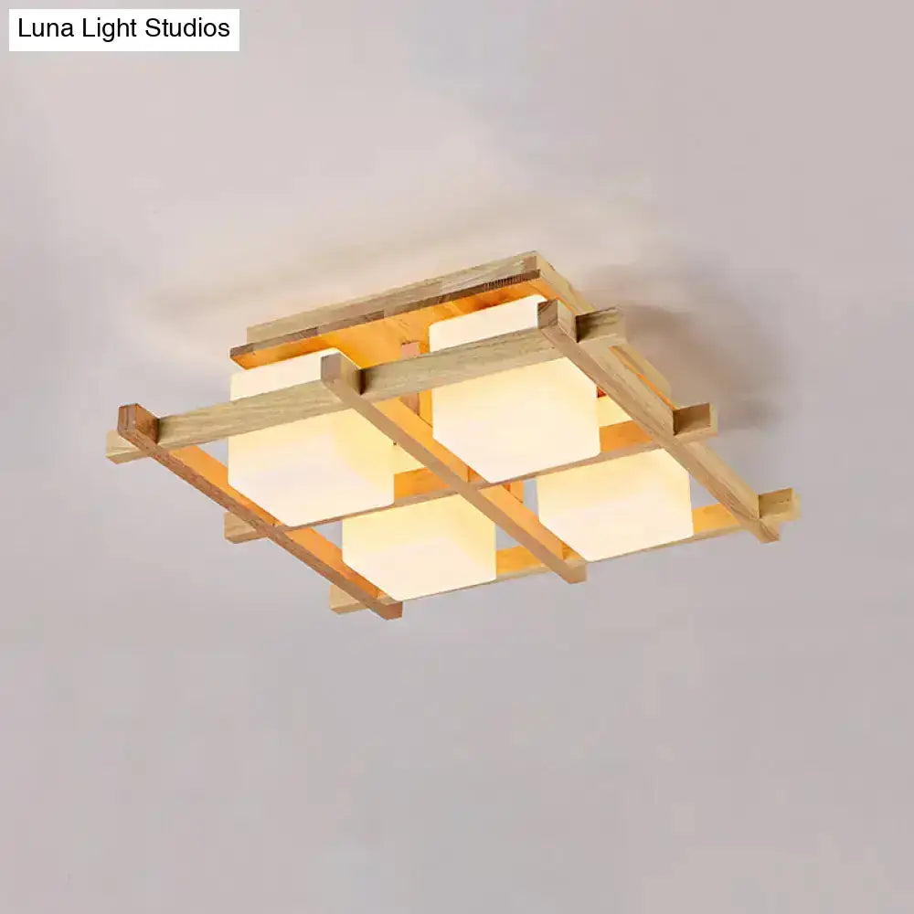 Decorbites wood grid ceiling light flush mount with four white cube shades in natural wood frame on Tampa Home & Garden Store