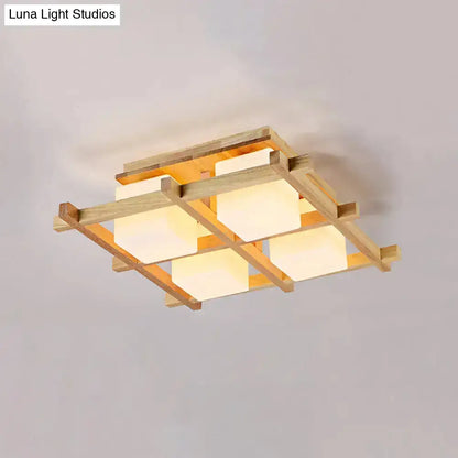Decorbites wood grid ceiling light flush mount with four white cube shades in natural wood frame on Tampa Home & Garden Store