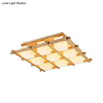 Wood grid ceiling light flush mount with warm white square shades by Decorbites on Tampa Home & Garden Store
