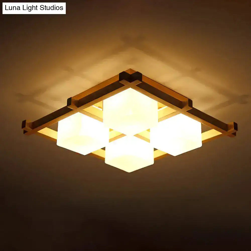 Wood grid ceiling light flush mount with four glass cube shades on wood frame Decorbites on Tampa Home & Garden Store