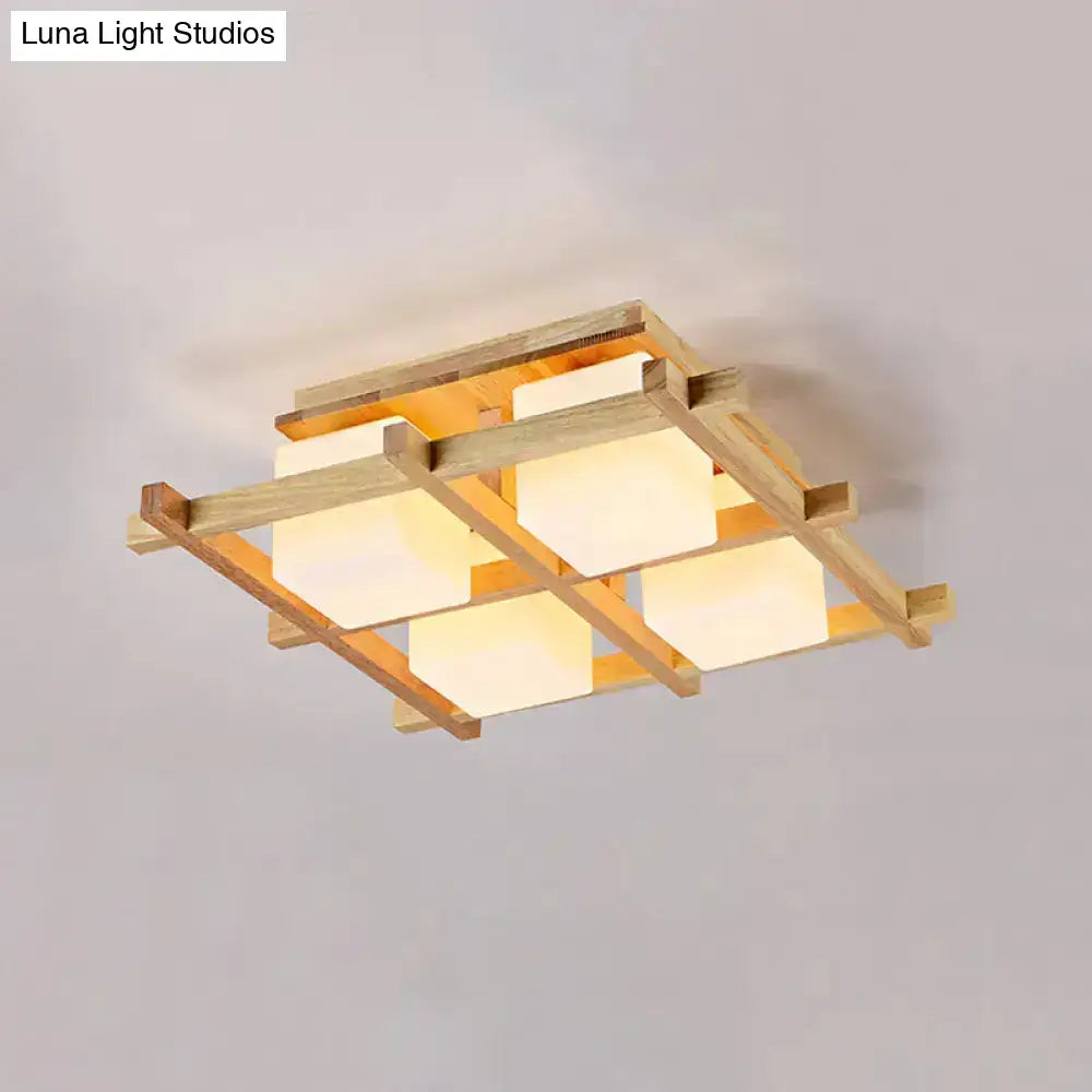 Wood Grid Ceiling Light with four frosted glass cubes on a natural wood grid frame Decorbites on Tampa Home & Garden Store