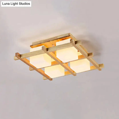 Wood Grid Ceiling Light with four frosted glass cubes on a natural wood grid frame Decorbites on Tampa Home & Garden Store