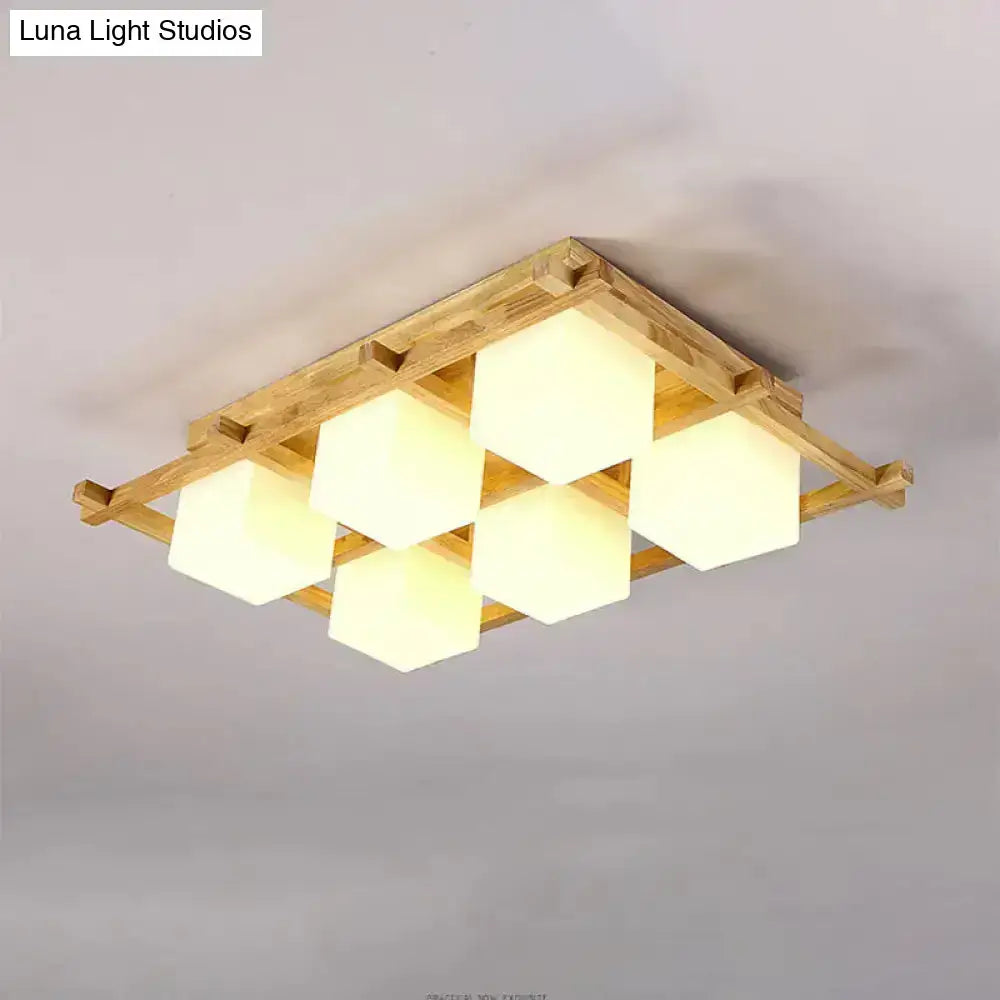 Wood Grid Ceiling Light flush mount with six warm white cube shades Decorbites on Tampa Home & Garden Store