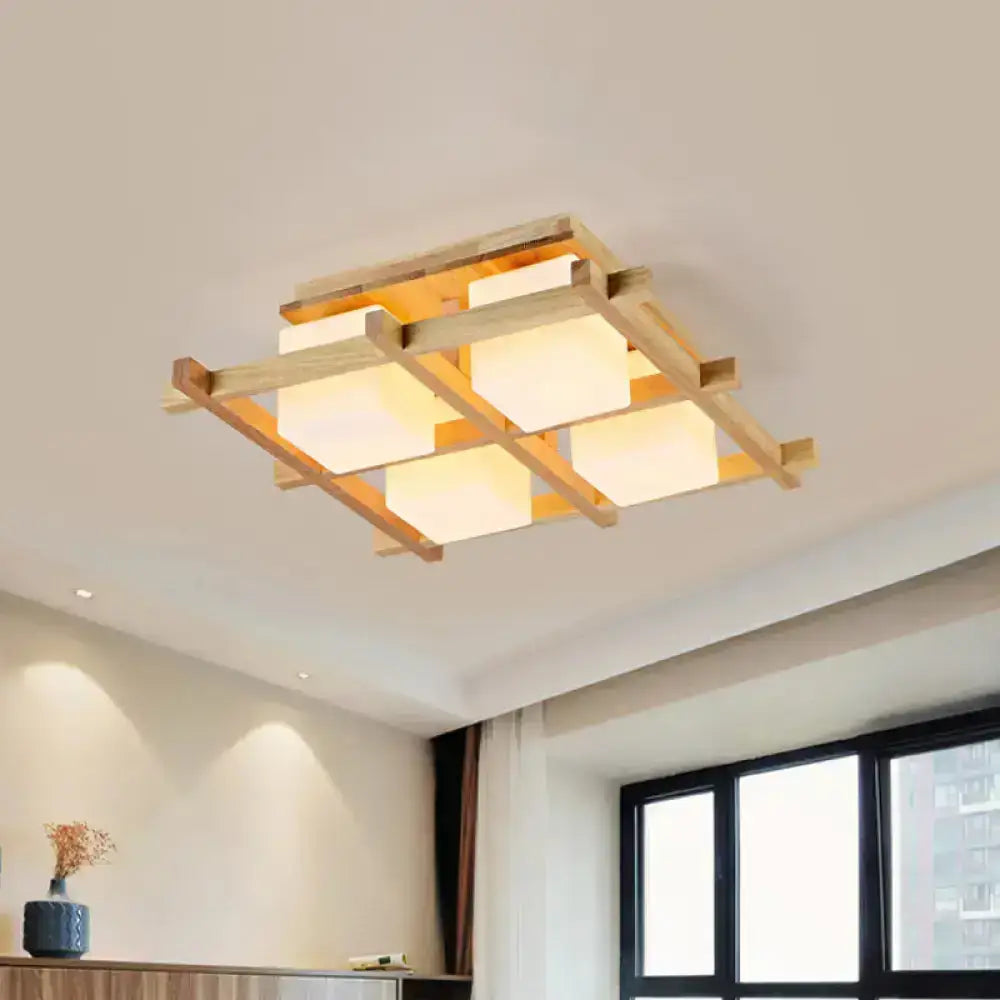 Wood Grid Ceiling Light flush mount by Decorbites with wood frame and four white cube shades on Tampa Home & Garden Store