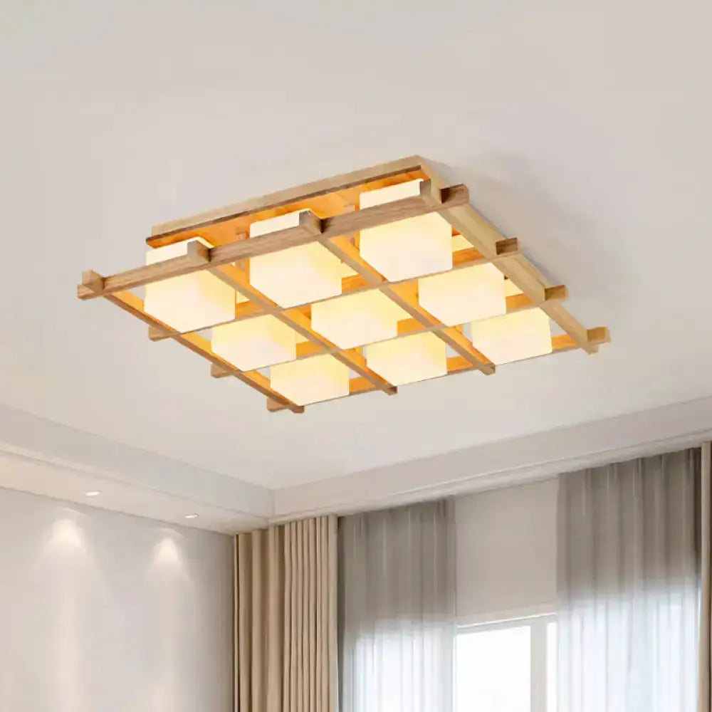 Wood Grid Ceiling Light flush mount by Decorbites in warm wood with white square shades on Tampa Home & Garden Store