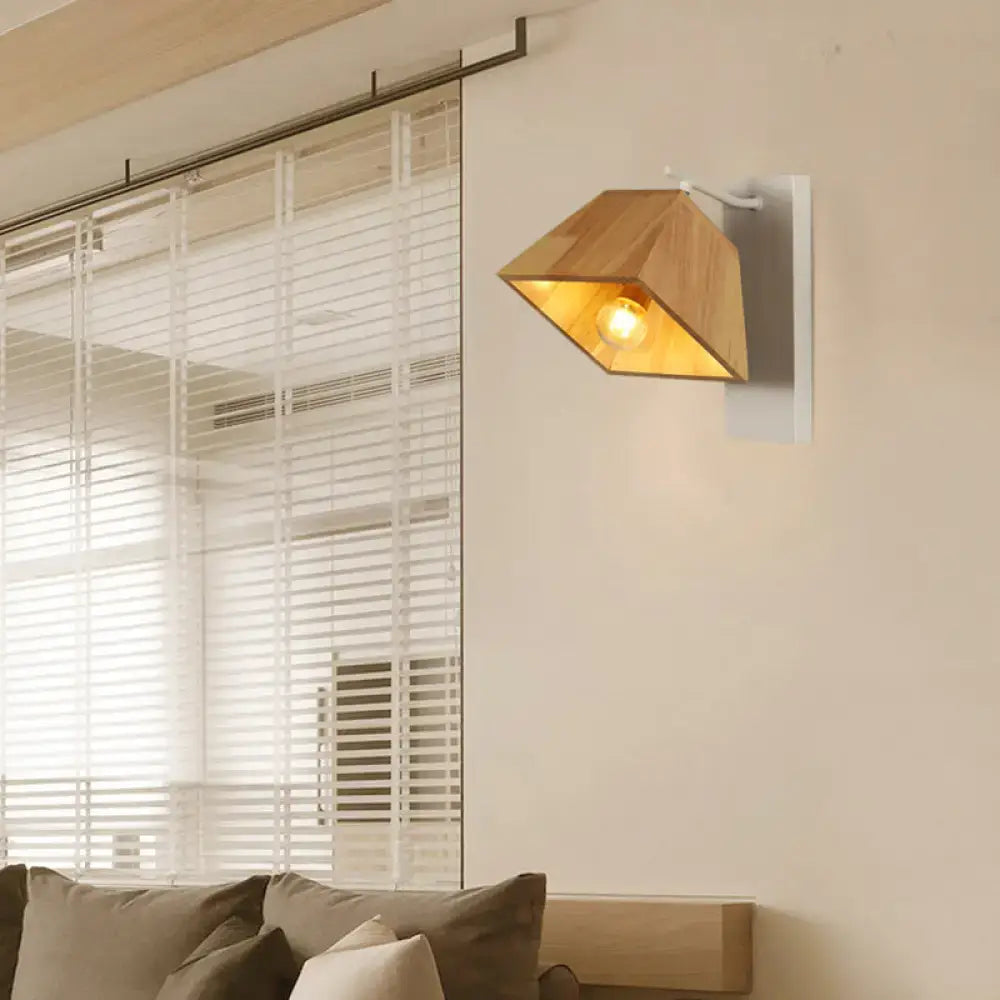 Beige Wood Trapezoid Sconce with white wall mount and warm glow on Tampa Home & Garden Store