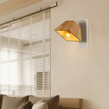 Beige Wood Trapezoid Sconce with white wall mount and warm glow on Tampa Home & Garden Store