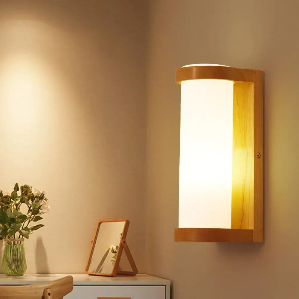 Wooden Rectangle Sconce Lamp with Opal Glass Shade - Simple Corner Wall Mount Lighting