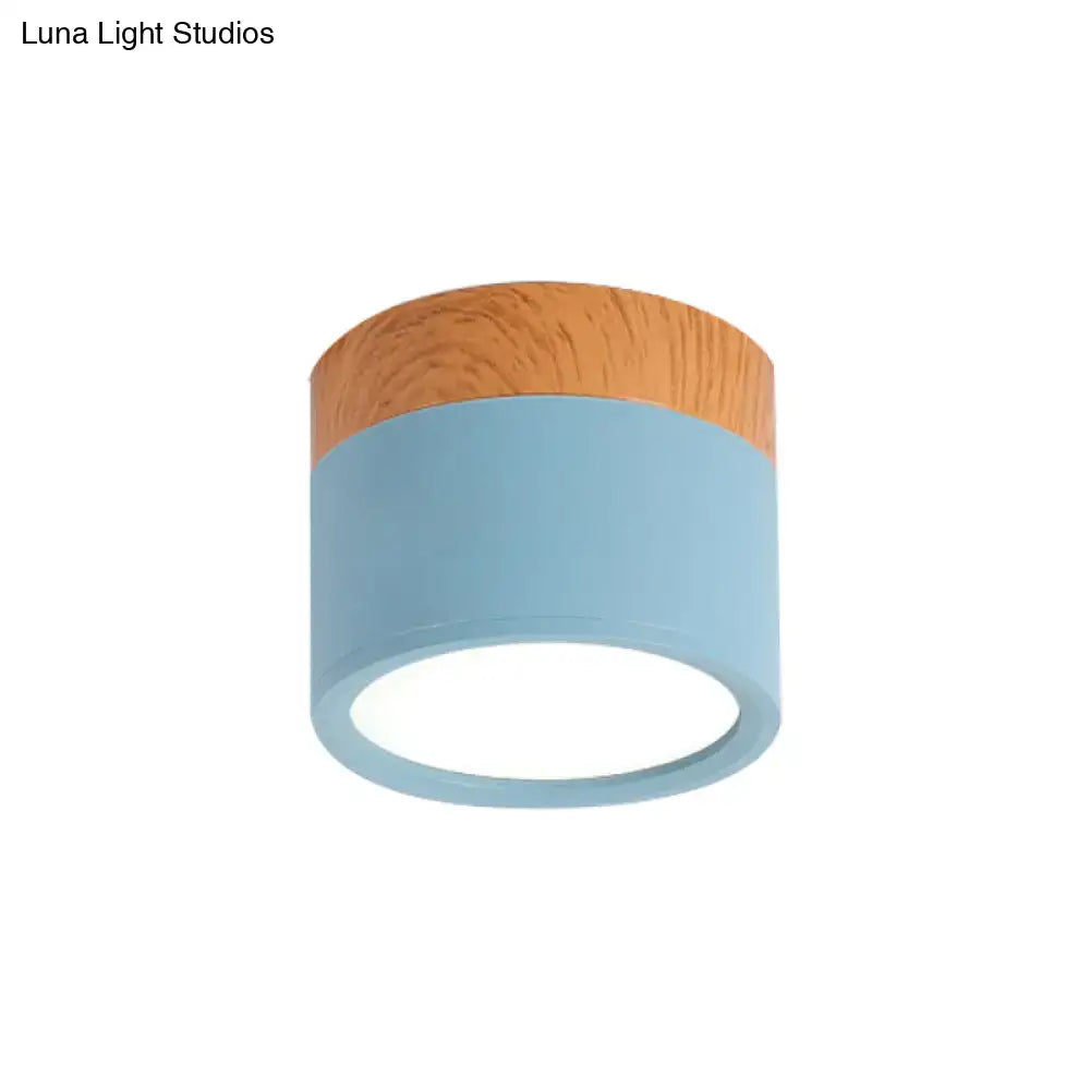 Yellow Wood Flush Ceiling Light with blue cylindrical body on Tampa Home & Garden Store
