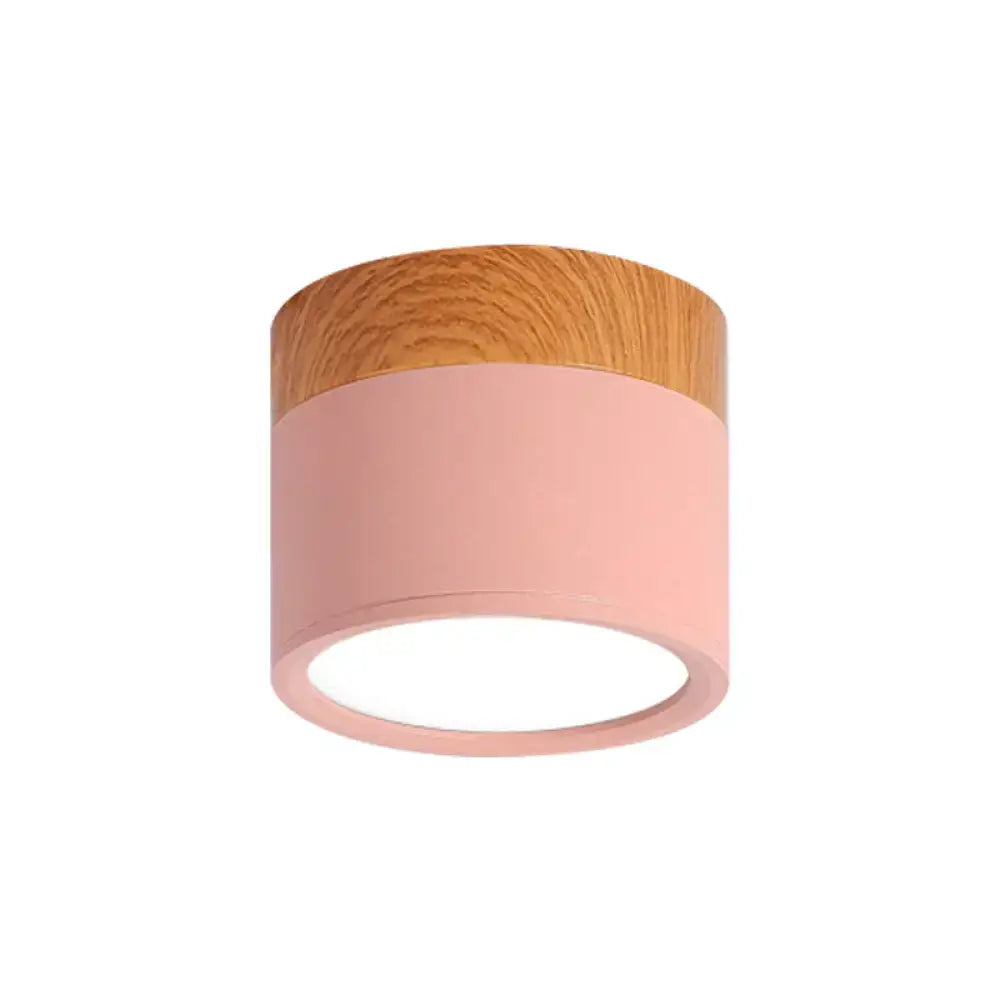 Yellow wood flush ceiling light by Decorbites, pink cylindrical shade with wood top on Tampa Home & Garden Store