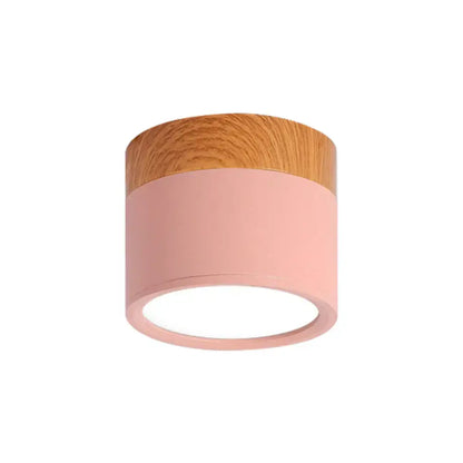 Yellow wood flush ceiling light by Decorbites, pink cylindrical shade with wood top on Tampa Home & Garden Store