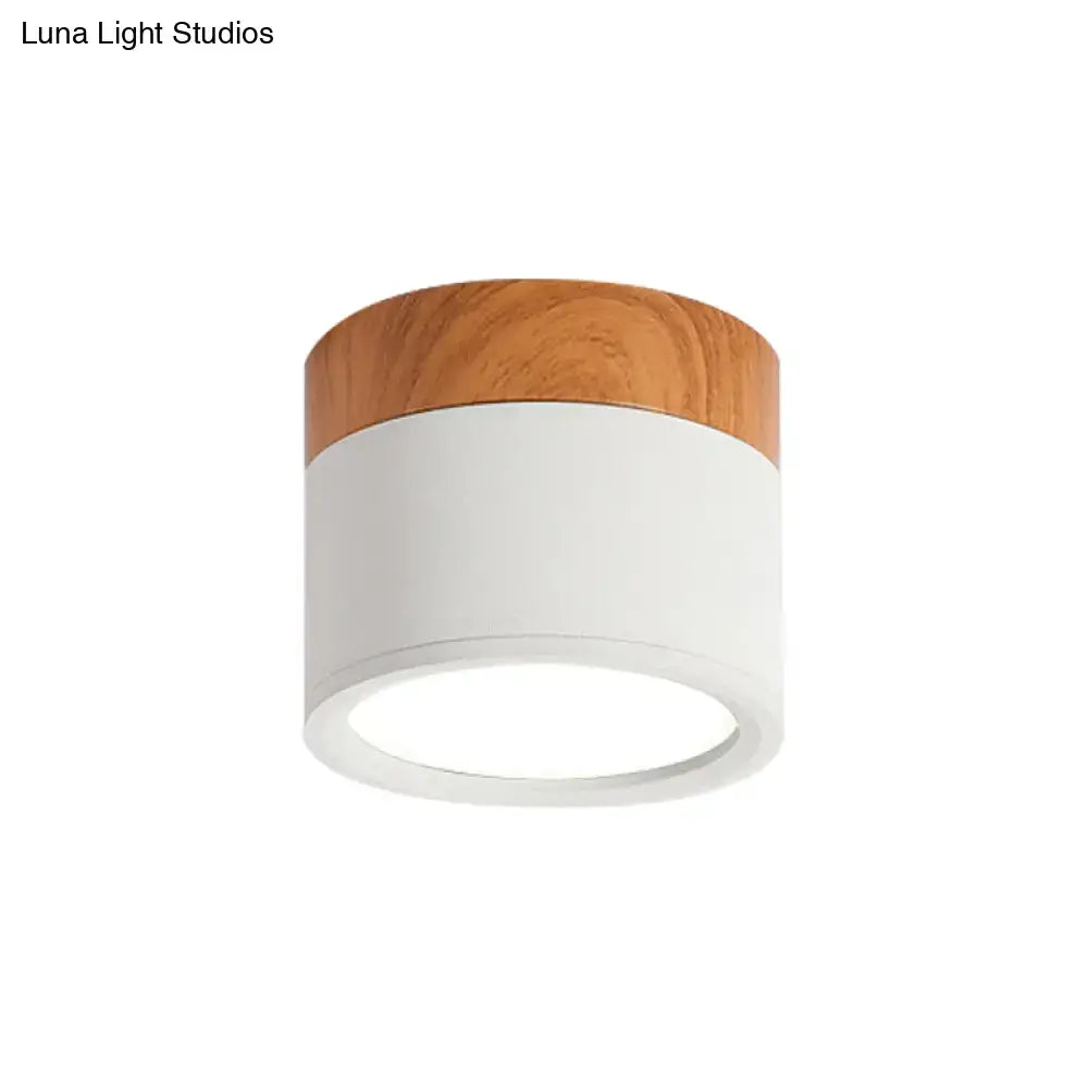 Yellow Wood Flush Ceiling Light, white cylindrical flush mount with wood top on Tampa Home & Garden Store