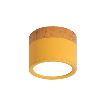 Yellow wood flush ceiling light by Decorbites; yellow cylinder flush mount with wood grain on Tampa Home & Garden Store