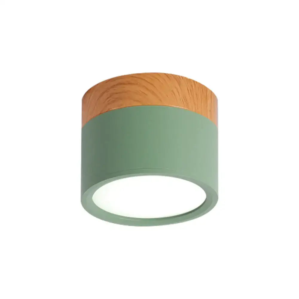 Yellow Wood Flush Ceiling Light by Decorbites; green cylindrical body with wood grain cap on Tampa Home & Garden Store