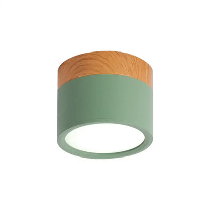 Yellow Wood Flush Ceiling Light by Decorbites; green cylindrical body with wood grain cap on Tampa Home & Garden Store