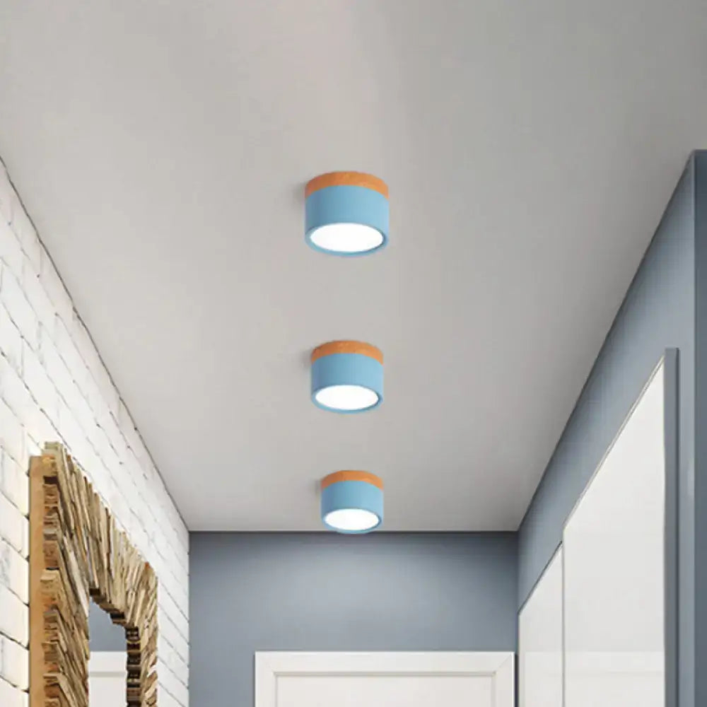 Yellow Wood Flush Ceiling Light set of 3 blue cylindrical ceiling fixtures with orange tops on Tampa Home & Garden Store
