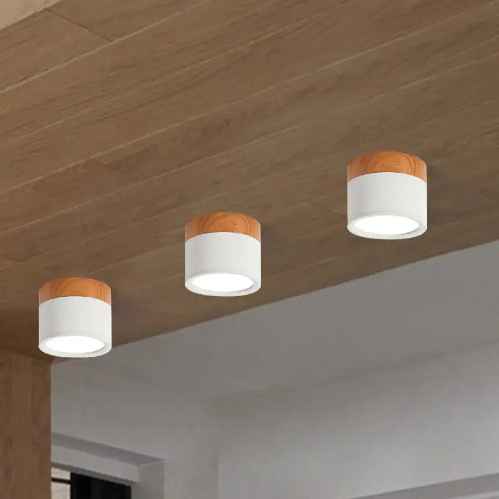 Yellow Wood Flush Ceiling Light, 3-pack white cylindrical fixtures with warm wood caps on Tampa Home & Garden Store