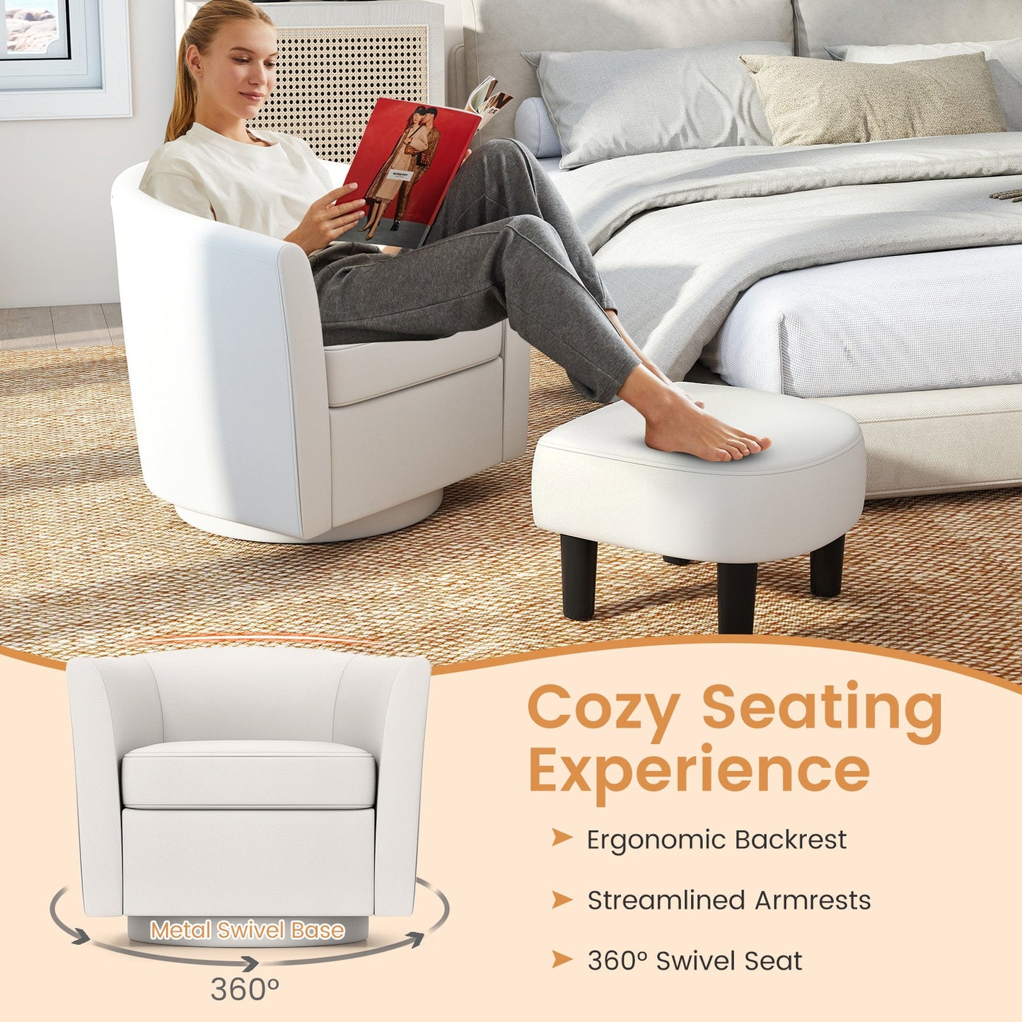 Modern Club Swivel Accent Chair with Ottoman Footrest Curved Backrest-Beige
