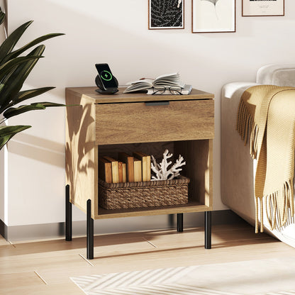 Modern Nightstand with Charging Station-Natural