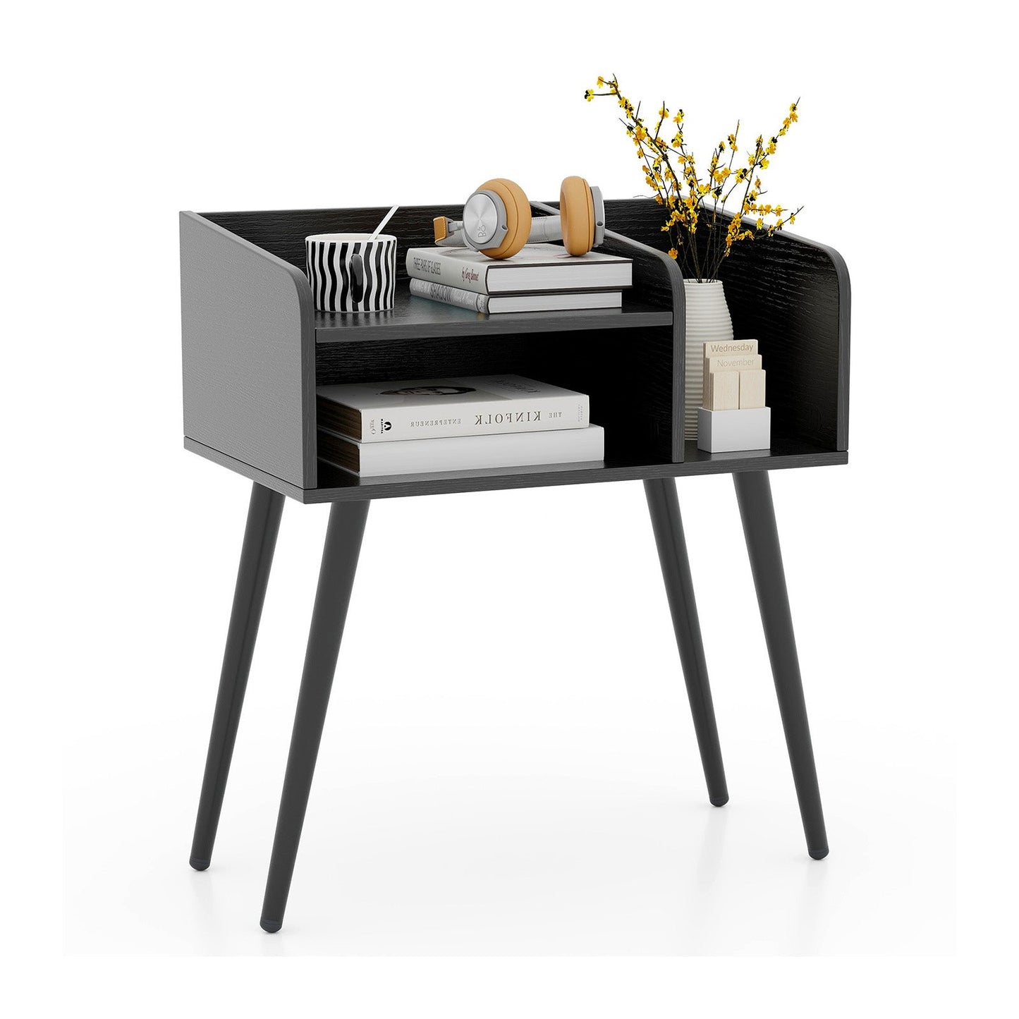 Mesita de Noche Mid Century Moderna con Estantes Abiertos - Marrón