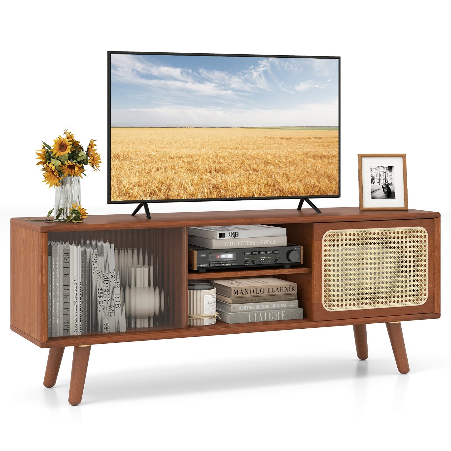 Mueble de TV Moderno con Puertas Correderas de Cristal Rattan-Marrón