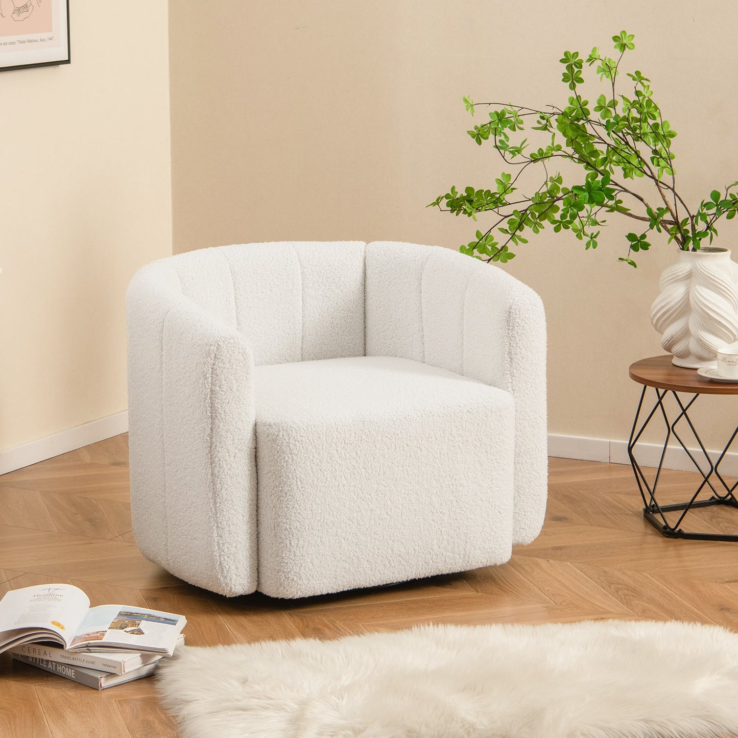 Sillón Acentual Sherpa Tapizado Moderno con Respaldo Curvo y Apoyabrazos - Blanco