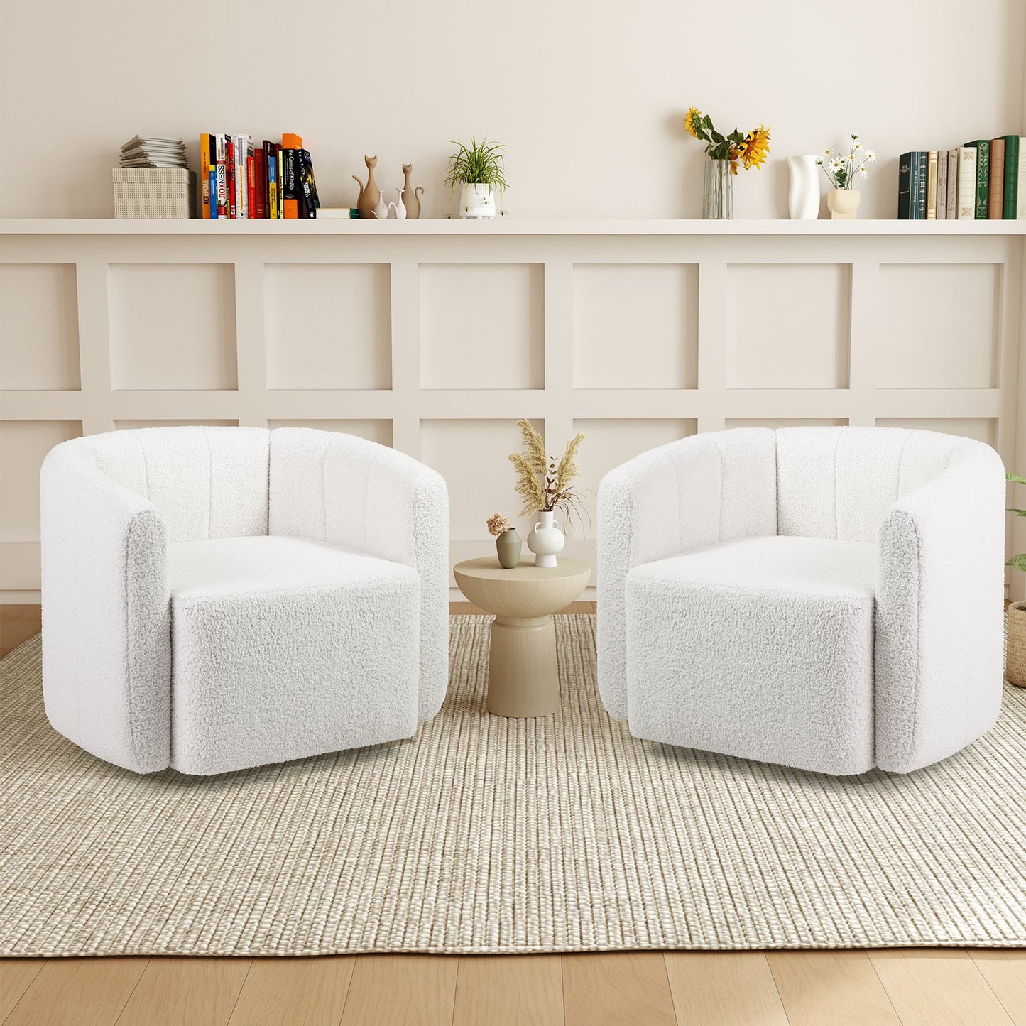 Sillón Acentual Sherpa Tapizado Moderno con Respaldo Curvo y Apoyabrazos - Blanco
