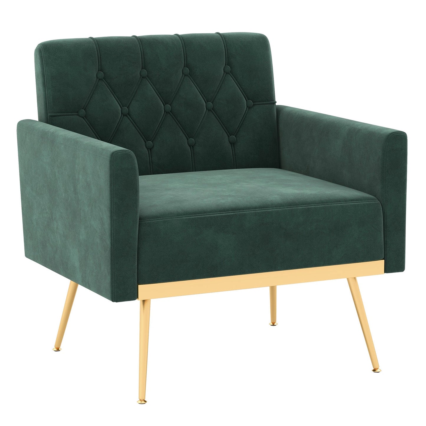 Sillón moderno de terciopelo con respaldo capitoné, patas de metal dorado y almohadillas ajustables-Verde