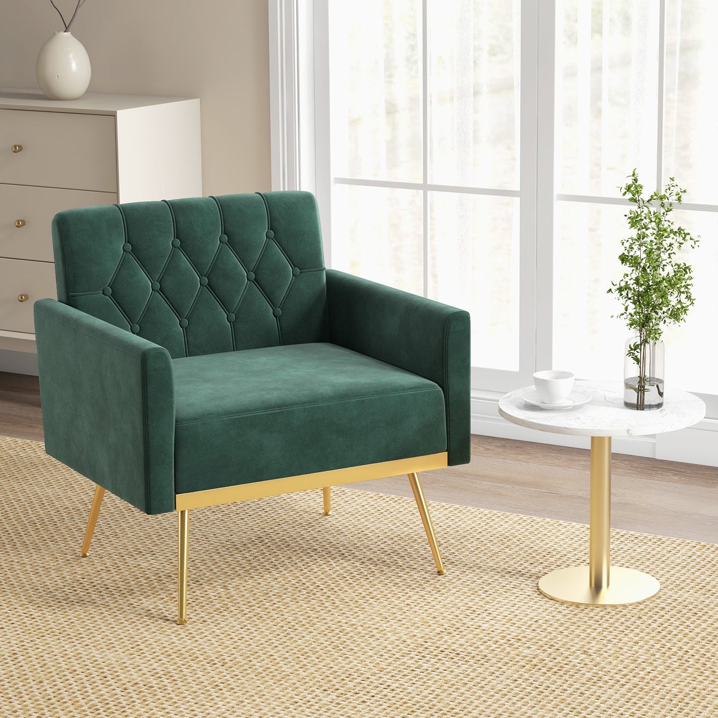 Sillón moderno de terciopelo con respaldo capitoné, patas de metal dorado y almohadillas ajustables-Verde