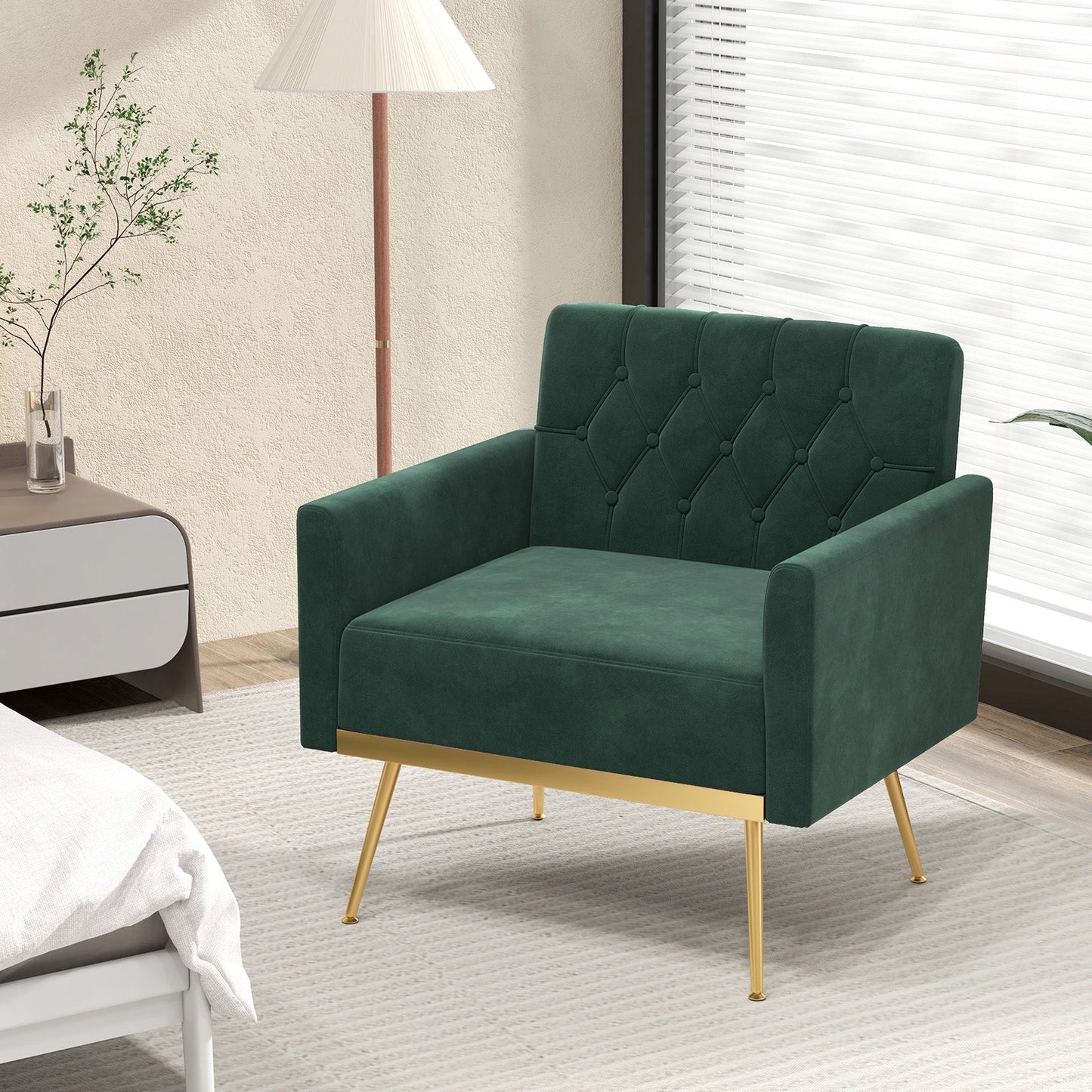Sillón moderno de terciopelo con respaldo capitoné, patas de metal dorado y almohadillas ajustables-Verde