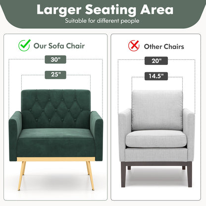 Sillón moderno de terciopelo con respaldo capitoné, patas de metal dorado y almohadillas ajustables-Verde