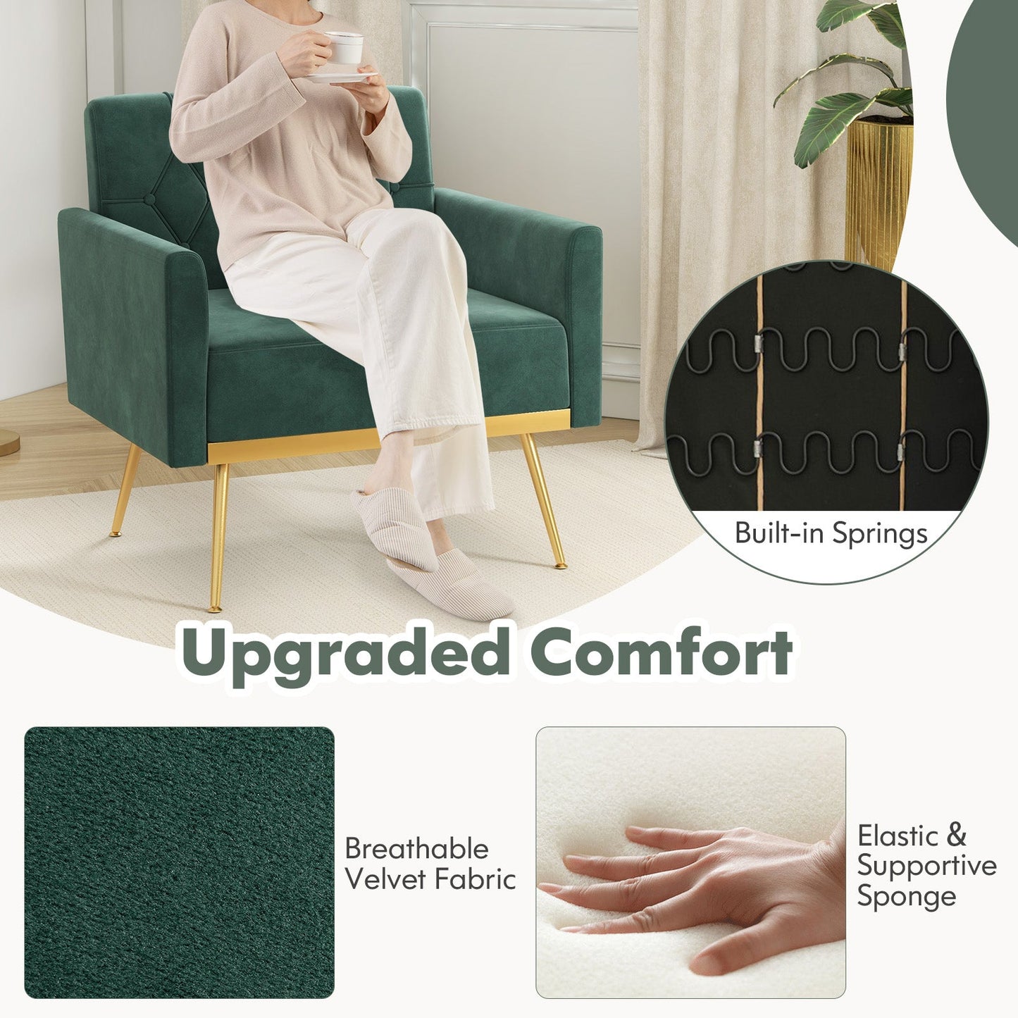 Sillón moderno de terciopelo con respaldo capitoné, patas de metal dorado y almohadillas ajustables-Verde