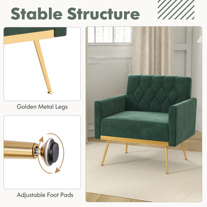 Sillón moderno de terciopelo con respaldo capitoné, patas de metal dorado y almohadillas ajustables-Verde