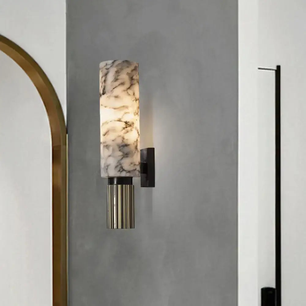 Black Marble Wall Sconce by Decorbites, veined marble cylinder shade with brass ribbed base on Tampa Home & Garden Store